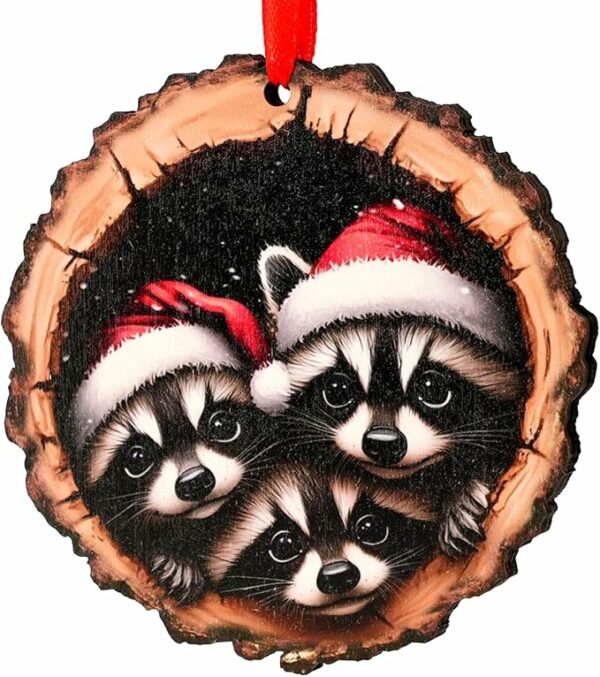 Raccoon Christmas Ornament - Natural Wood Slice Tree Ornament for Raccoon Lovers - Adorable Holiday Decoration